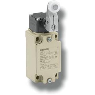 Omron D4B sikkerhedsendestop med topstempel, M20 gevind og 1NC/1NO snap-action kontakt i beige plastik og metal.