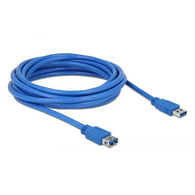 Blåt DeLock USB 3.0-forlængerkabel på 5 meter med Type-A-hanstik og Type-A-hunstik, oprullet.