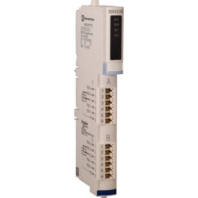 Schneider Electric Modicon STB-modul med 2 digitale indgange og 24VDC, vist fra siden med mærkninger og terminaler tydeligt synlige.