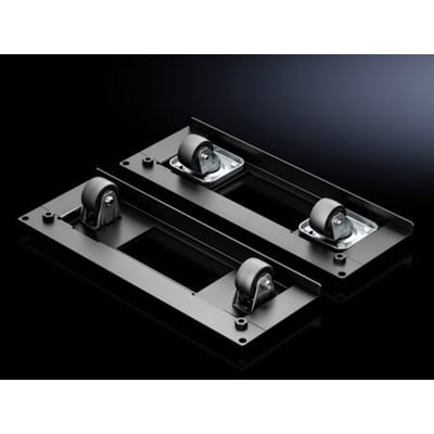 Rittal VX IT hjulmodul til 800 mm brede skabe, vist med fire dobbelte drejelige hjul og monteringsdetaljer på mørk baggrund.