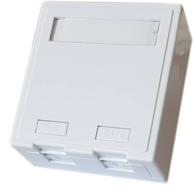 EFB Elektronik office boks med 2 porte til dataudtag i hvid plast, vist med CAT6 mærkning og plads til keystone konnektorer.