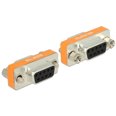 Delock D-Sub 9 pin hun > hun null modem gender changer adapter med orange mærkning og synlige skruer og møtrikker.