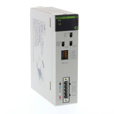 Omron DeviceNet master/slave-enhed CS1W-DRM21-V1 til CS-serien med synlige drejekontakter og tilslutningsport på hvid baggrund.