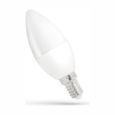 SpectrumLED E14 LED-kertepære C37 med hvidt, mat pærehoved og lille metalskruefatning, vist skråt.