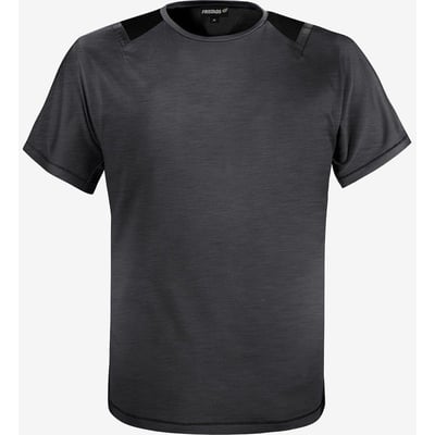 Kansas T-shirt GRK 129825 i mørkegrå med sorte detaljer på skuldrene og Fristads logo i nakken, fremstillet af genanvendt polyester.