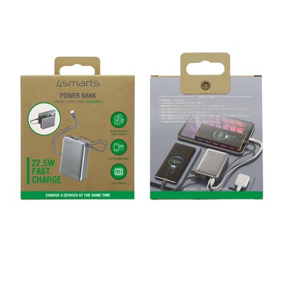 Emballagen til 4smarts Pocket Dual Cord powerbank med illustrationer af den spacegrey model og dens kabler.