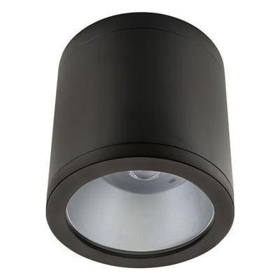 Nærbillede af en sort SG Armaturen Rax Soft Surface 150 påbygget downlight, der viser dens cylindriske form og satineret afskærmning.