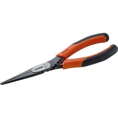Bahco spidstang 140 mm lige kæber med orange og sorte ergonomiske greb i krom-vanadium stål med sortoxideret finish.