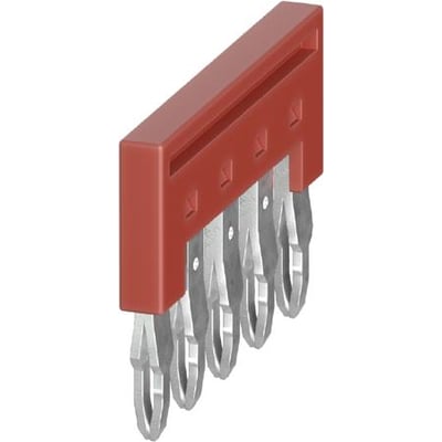 Rød, isoleret fempolet laske fra Wieland, model IVB WTN 4-5, med fem metalliske kontaktben.