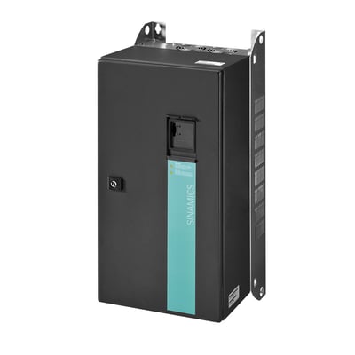 Siemens SINAMICS G120P power modul PM230 i IP55-klassificeret sort kabinet med 45KW effekt og monteringsbeslag på hvid baggrund.