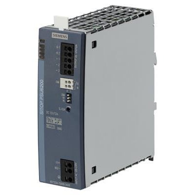Siemens SITOP PSU6200 strømforsyning 12 V/12 A set fra højre side, viser tilslutningsterminaler for input og output samt diagnoseinterface.