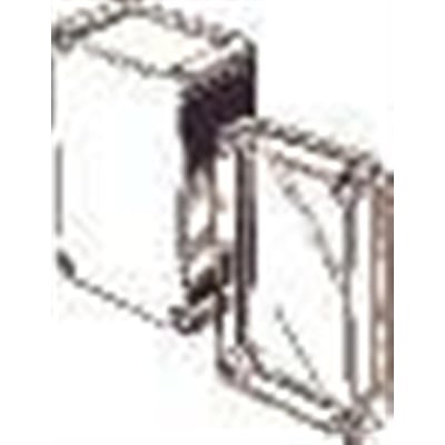 Nærbillede af et Fibox dæksel, der viser kanten og monteringsdetaljerne på den grå ABS plastoverflade.