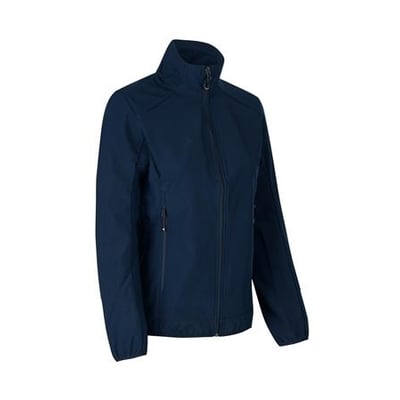 ID Identity softshell jakke til damer i navy, størrelse M, vist fra siden med lynlås og lommer.