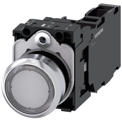 Siemens rund, høj, klar, metal trykknap med 1NO-1NC kontakter og integreret LED-modul på sort baggrund.