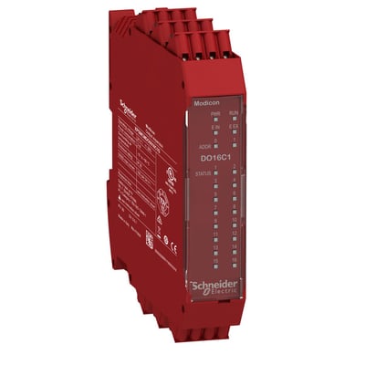 Schneider Electric Modicon XPSMCMDO0016C1G udvidelsesmodul med 16 status outputs og tydelige LED-indikatorer på den røde front.