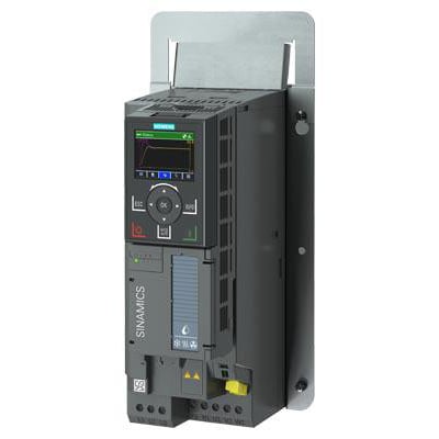 Siemens SINAMICS G120 installationsramme FSB med push-klemme, grå med metalbeslag monteret på siden.