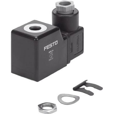 Festo solenoid coil MSG-24DC i sort plast med hvid tekst, inkluderer tilbehør som møtrik og pakning.