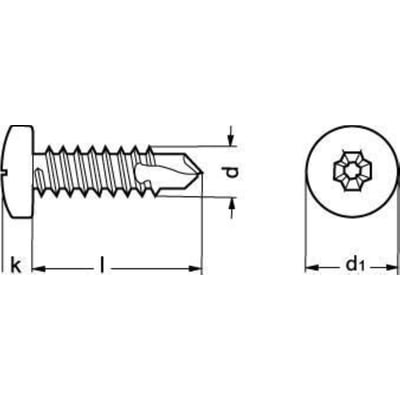 Teknisk tegning af DIN 7504-N A2 panhoved pladeskrue 4.2x13 mm med borespids og dimensioner markeret.