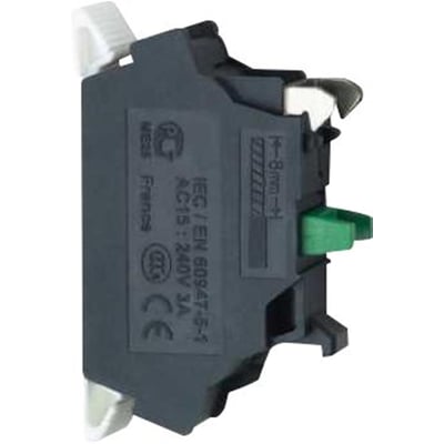 Bagside af Schneider Electric ZBE1015 kontaktelement, viser mærkning og push-in fjederterminaler for nem montering.