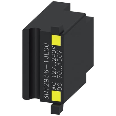 Siemens overspændingsdæmper med LED og modelnummer 3RT2936-1JL00, specificeret til 127-240V AC og 70-150V DC.