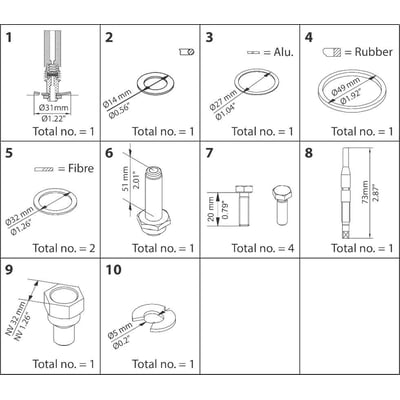 Oversigt over indholdet i Danfoss vedligeholdelsessæt til EVRAT 15 og EVRST 15, vist med illustrationer af hver komponent og dens dimensioner.