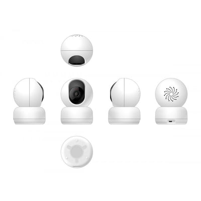 Woox Smart PTZ kamera set fra forskellige vinkler, inklusiv front, sider, top og bund.