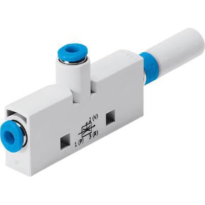 Festo vakuumejektor VN-05-L-T3-PQ2-VQ2-RO1 i hvid plast med blå fittings og symboler for tryk og vakuum.