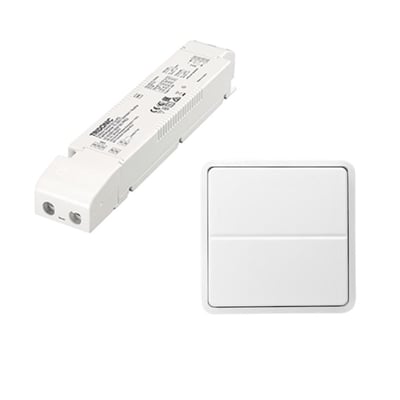 Jumitech trådløs LED-driver LC60W/24V BDV SC og et parret 2-tryk til 24V LED-systemer på hvid baggrund.