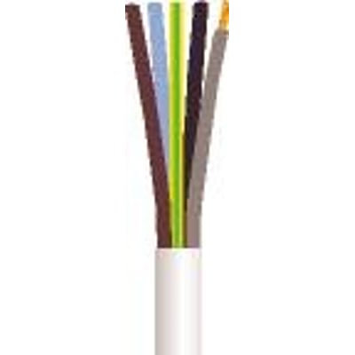 Hvidt H05VV-F-plastkabel på 50 meter med 5G2,5 mm², vist med afisoleret ende og fem farvede ledere.
