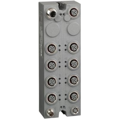 Schneider Electric Modicon TM7 I/O udvidelsesmodul med 16DI, 24VDC og M12 stik, vist på grå baggrund.