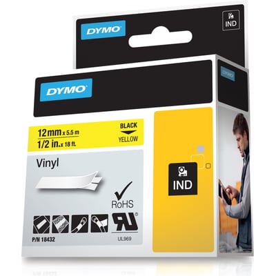 Emballagen til Dymo Rhino Professional vinyltape viser gul tape med sort tekst samt angivelsen 12 mm og 5,5 meter.