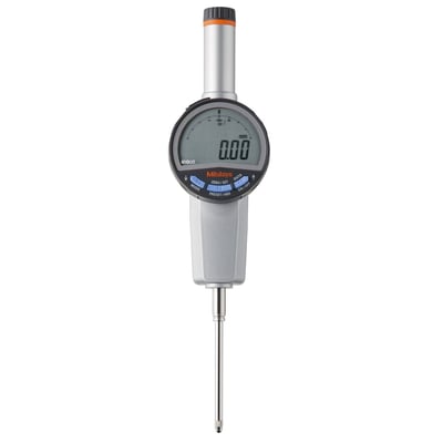 Digitalt måleur fra Mitutoyo med et stort LCD-display, der viser 0.00 mm, med knapper til mode, zero/set og datafunktion.