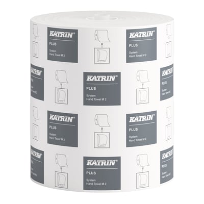 Hvid Katrin Plus M2 håndklæderulle, model 58167, med Katrin-mærkning og dispenserillustrationer på papiret.