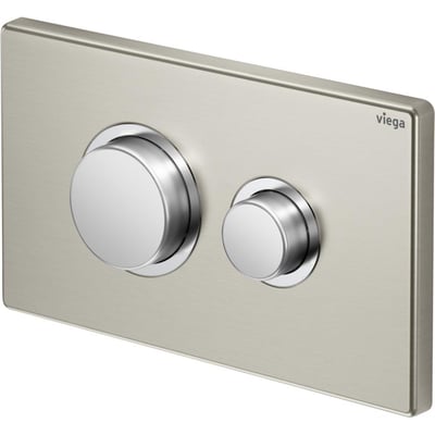 Viega Prevista Visign for Public 11 WC-betjeningsplade i børstet rustfrit stål med to runde trykknapper til dobbeltskyl.