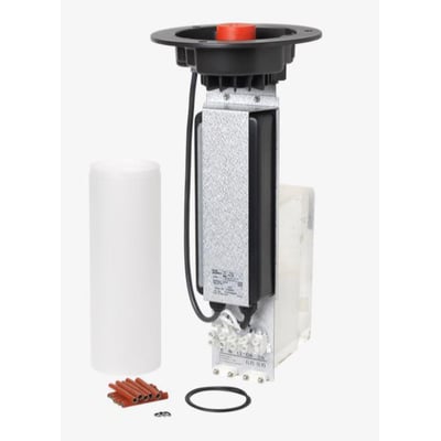 Louis Poulsen Bysted LED-DAC Retro komponenter, herunder en hvid cylindrisk diffuser, rød topdel og grå tekniske dele.