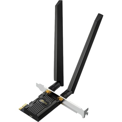 TP-LINK Archer TXE72E AXE5400 Tri-Band Wi-Fi 6E PCI Express adapter med to sorte antenner på hvid baggrund.