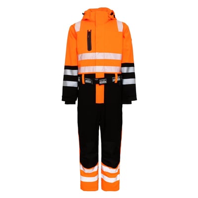 Lyngsøe Rainwear 4WS vinterdragt i str. S set forfra, orange og sort med hætte, bælte og refleksstriber.