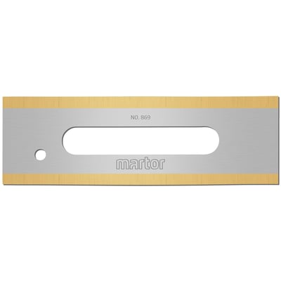 MARTOR INDUSTRIAL BLADE 869-klinge til dybe snit, vist forfra med lang åbning, rundt hul og gyldne kanter.