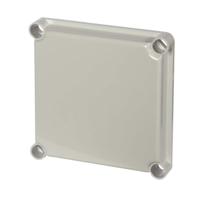 Set fra siden er Fibox EKJ30-G dækslet i grå polycarbonat vist, med et robust design og synlige monteringshuller.