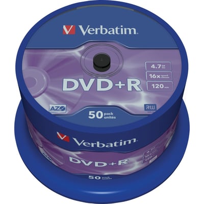 Verbatim DVD+R-medier med AZO i blå og lilla spindelemballage, mærket med 4,7 GB, 16x skrivehastighed og 120 minutter.