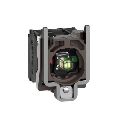 Schneider Electric lampetrykskrop med integreret grøn LED og 1NO/1NC kontakter, klar til montering.
