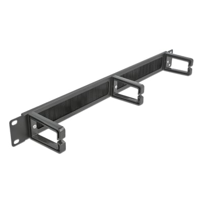 Sort DeLock-børsteliste til kabelhåndtering i 19″ rackformat med tre kroge, vist samlet skråt forfra.