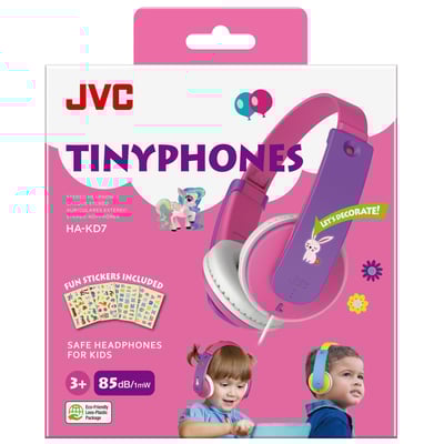 JVC TinyPhones HA-KD7 hovedtelefoner i pink og lilla til børn, med illustrationer og klistermærker inkluderet.