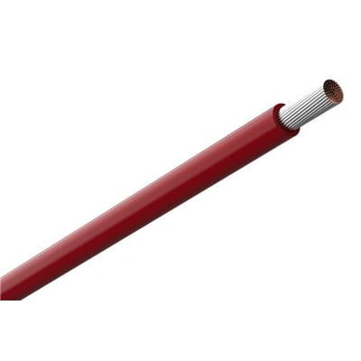 Rød Amokabel TEXILine HF90 monteringsledning på 6 mm² med den fleksible leder synlig i enden.