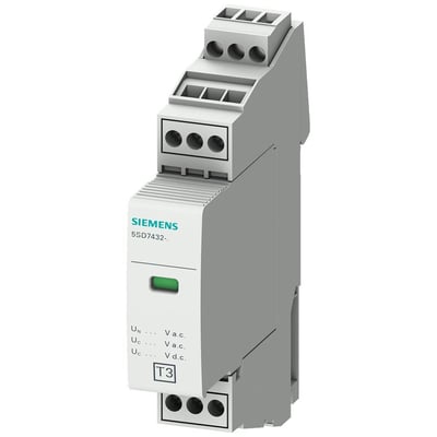 Siemens 5SD7432- overspændingsbeskytter type 3, 2-pol, med grøn indikator og terminaler til 120VAC/150VDC.