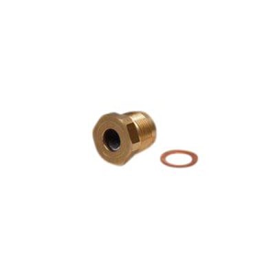 Danfoss VB2 pakdåse i messing med gevind og en kobber pakring ved siden af på hvid baggrund.