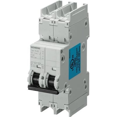 Siemens SENTRON 5SJ4-automatsikring med to poler og C-kurve, 3 A, set skråt forfra med to sorte betjeningsgreb.