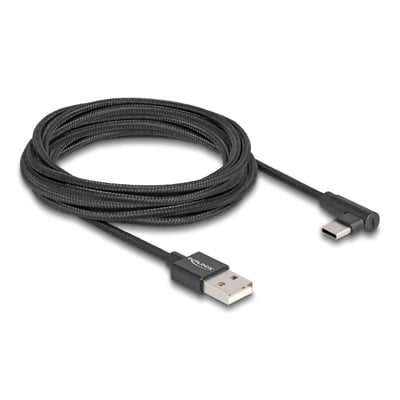 Delock USB 2.0 kabel på 3 meter med sort tekstilskærmning, vinklet USB-C hanstik og metalhus til USB-A hanstik.