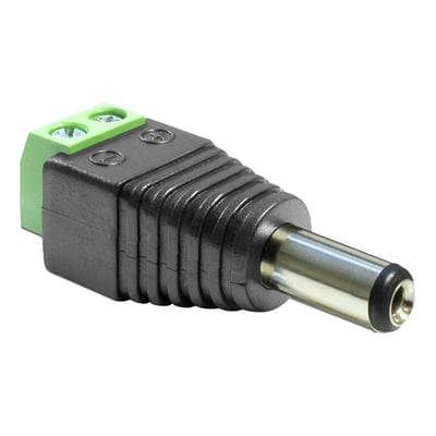 DeLock sort adapter med DC 5.5 x 2.5 mm male stik og grøn 2-pin terminal block til blanke ledninger.