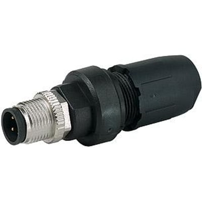 Murrelektronik M12 han-stik, lige, 4-polet, A-kodet med skæreklemme (IDC) og sort plasthætte.